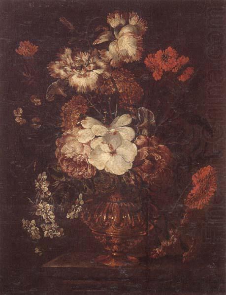 unknow artist Still life of Roses,Carnations,Daisies,peonies and convulvuli in a gilt vase,upon a stone ledge china oil painting image